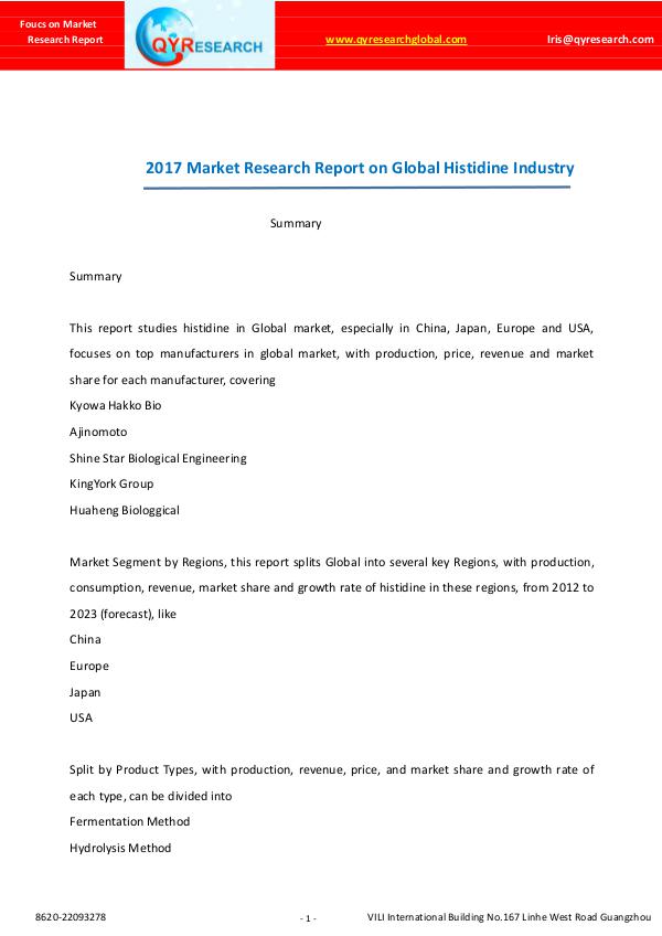 Global Histidine Industry Report 2017