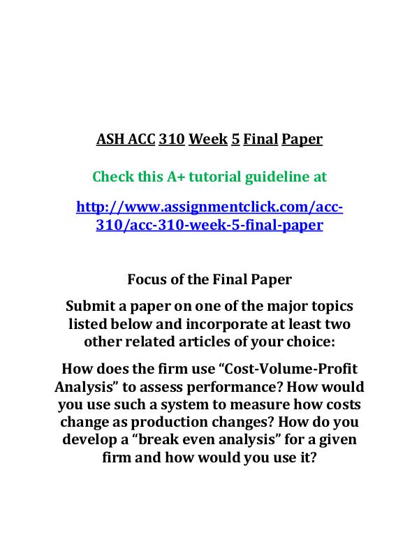 ASH ACC 310 Week 5 Final Paper