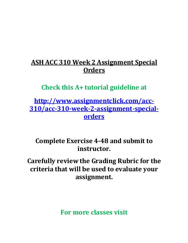 ASH ACC 310 Week 2 Assignment Special Orders