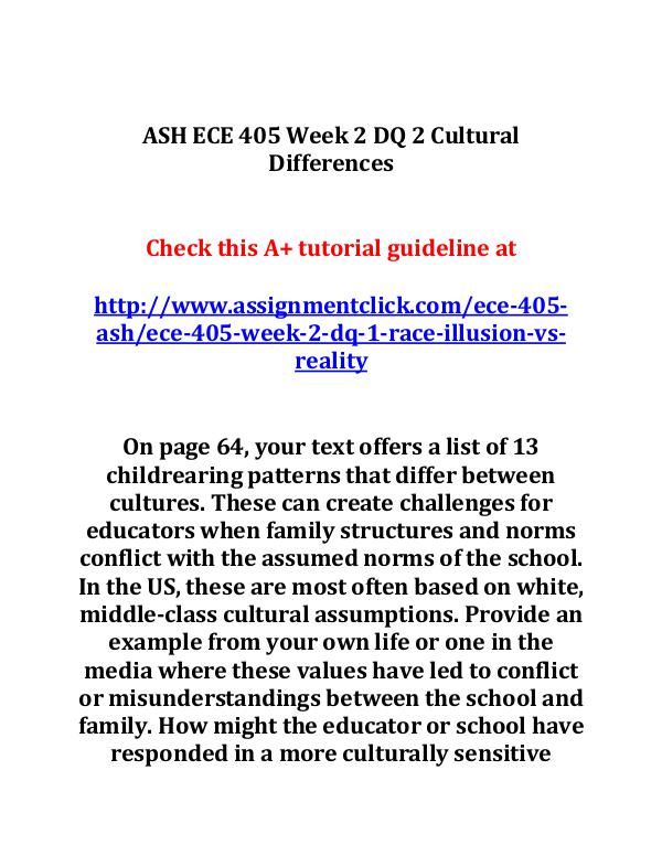 ash ece 405 entire course ASH ECE 405 Week 2 DQ 2 Cultural Differences