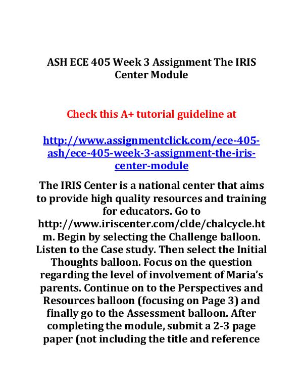 ash ece 405 entire course ASH ECE 405 Week 3 Assignment The IRIS Center Modu