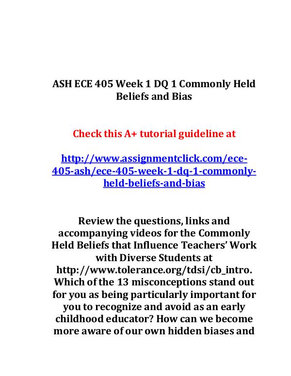 ash ece 405 entire course ASH ECE 405 Week 1 DQ 1 Commonly Held Beliefs and