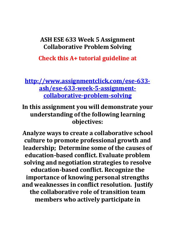ash ese 633 entire course ASH ESE 633 Week 5 Assignment Collaborative Proble