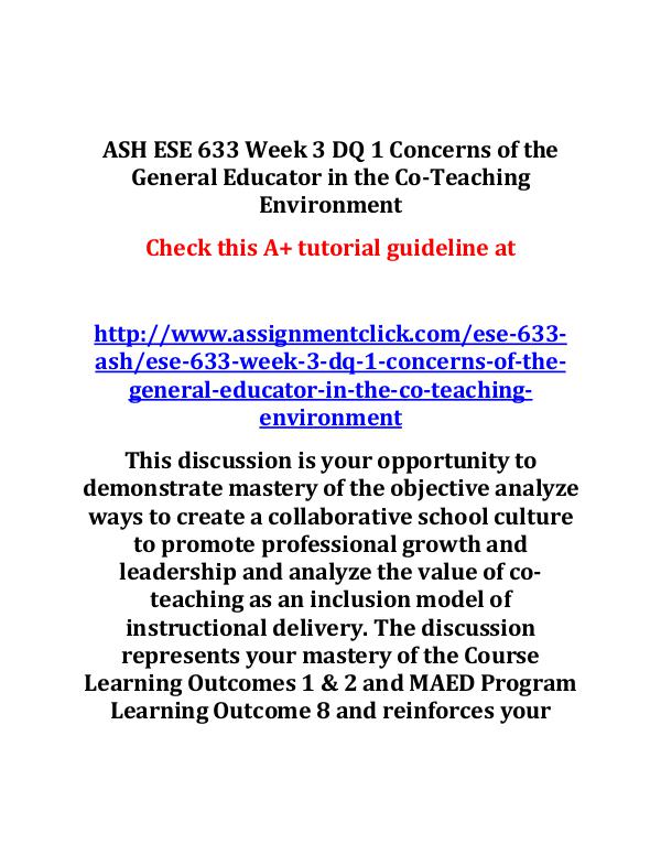 ASH ESE 633 Week 3 DQ 1 Concerns of the General Ed