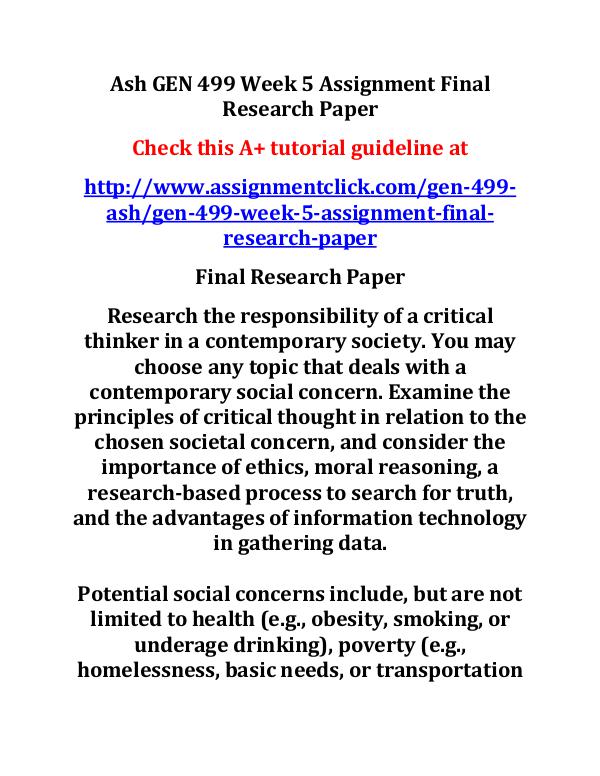ash gen 499 entire course Ash GEN 499 Week 4 DQ 2 Final Research Paper Progr