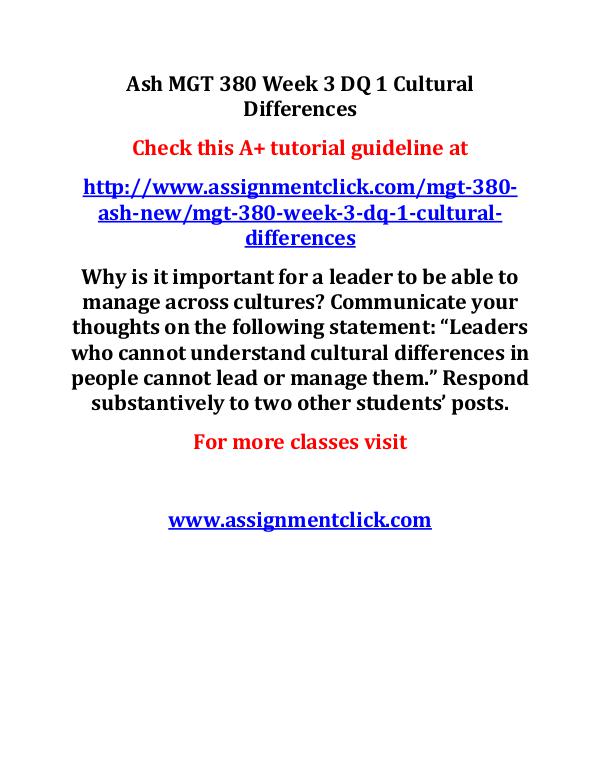 ash mgt 380 new entire course Ash MGT 380 Week 3 DQ 1 Cultural Differences