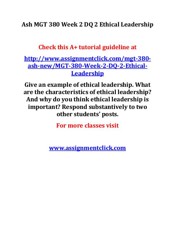 Ash MGT 380 Week 2 DQ 2 Ethical Leadership