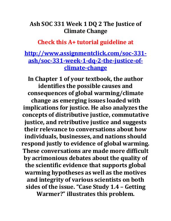 Ash SOC 331 Week 1 DQ 2 The Justice of Climate Cha