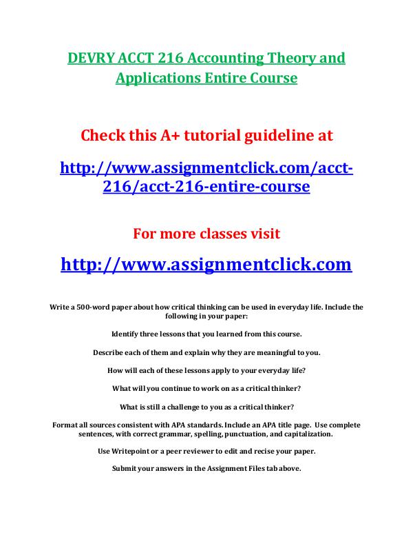 DEVRY ACCT 216 Entire Course DEVRY ACCT 216 Accounting Theory and Applications