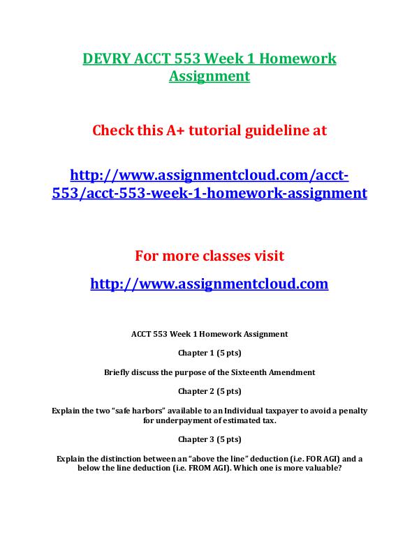 DEVRY ACCT 553 Entire Course DEVRY ACCT 553 Week 1 Homework Assignment
