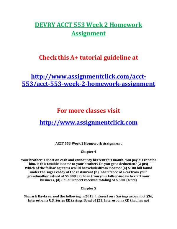 DEVRY ACCT 553 Entire Course DEVRY ACCT 553 Week 2 Homework Assignment