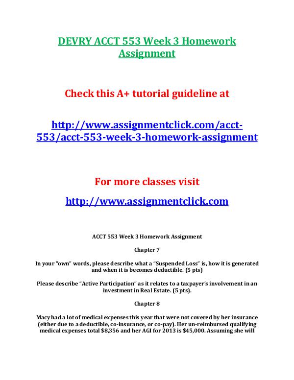 DEVRY ACCT 553 Entire Course DEVRY ACCT 553 Week 3 Homework Assignment