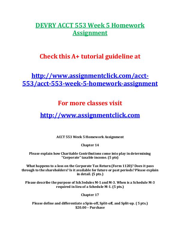 DEVRY ACCT 553 Entire Course DEVRY ACCT 553 Week 5 Homework Assignment