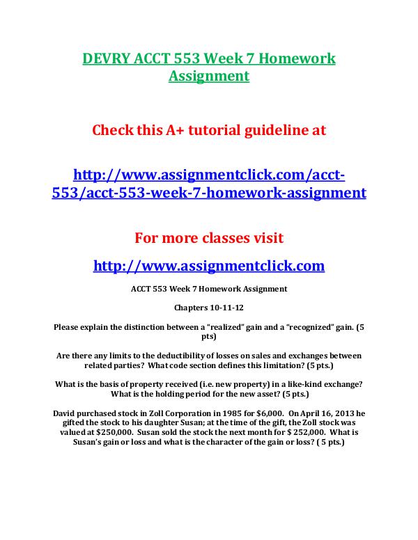 DEVRY ACCT 553 Entire Course DEVRY ACCT 553 Week 7 Homework Assignment