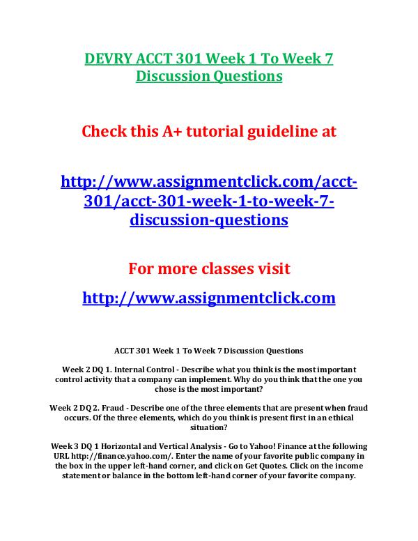 DEVRY ACCT 301 Week 1 To Week 7 Discussion Questio