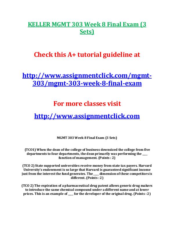 KELLER MGMT 303 Week 8 Final Exam (3 Sets)