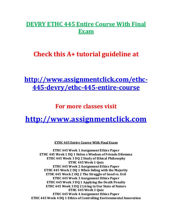 DEVRY ETHC 445 Entire Course DEVRY ETHC 445 Entire Course With Final Exam
