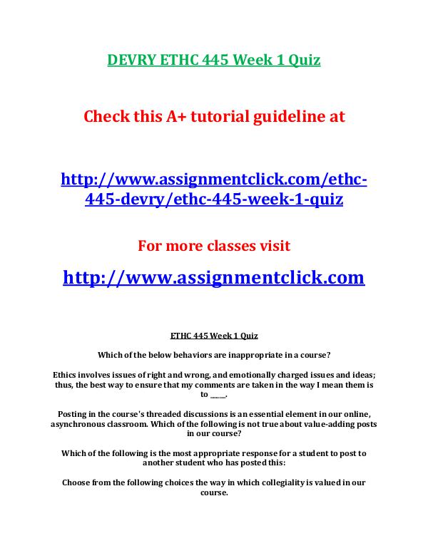 DEVRY ETHC 445 Week 1 Quiz