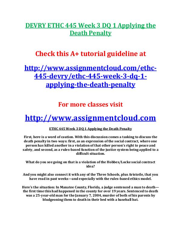 DEVRY ETHC 445 Week 3 DQ 1 Applying the Death Pena