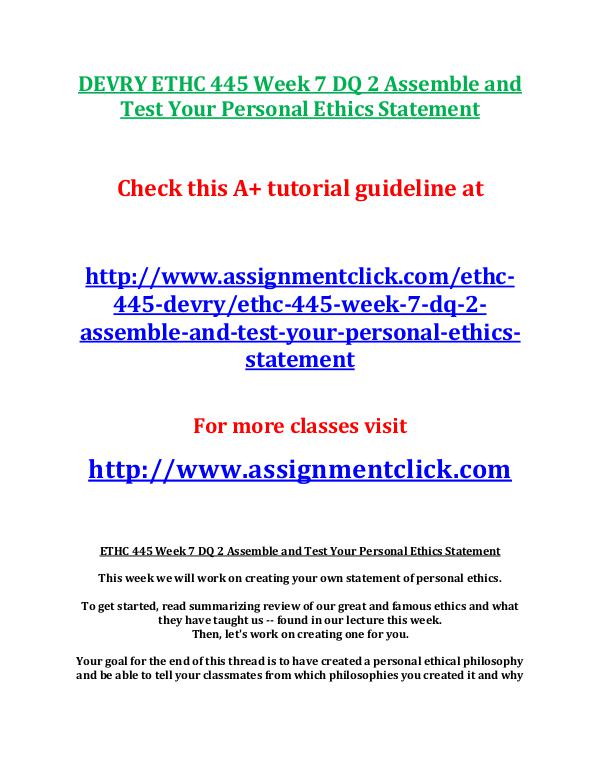 DEVRY ETHC 445 Week 7 DQ 2 Assemble and Test Your