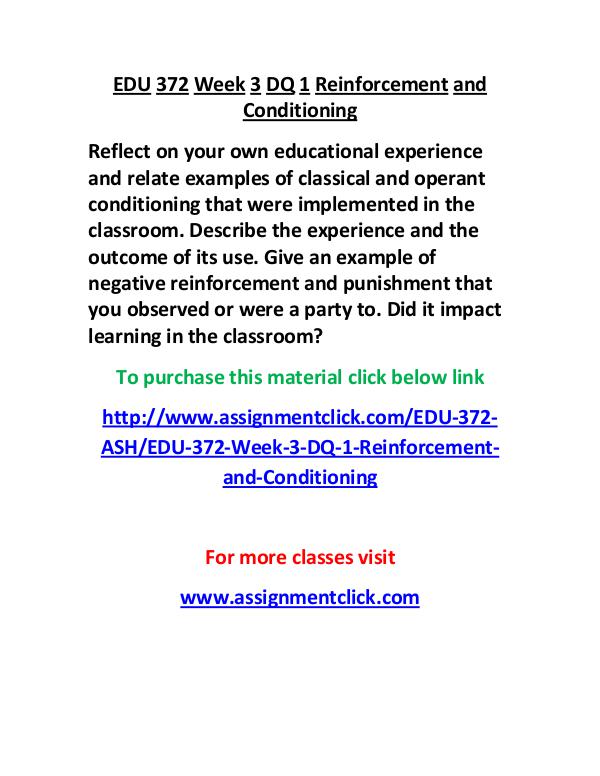 EDU 372 Week 3 DQ 1 Reinforcement and Conditioning