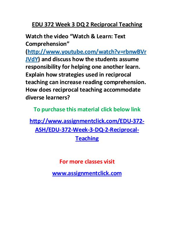 EDU 372 Week 3 DQ 2 Reciprocal Teaching
