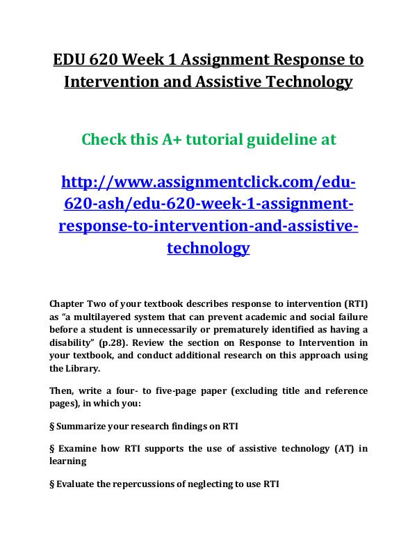 ASH EDU 620 entire course EDU 620 Week 1 Assignment Response to Intervention