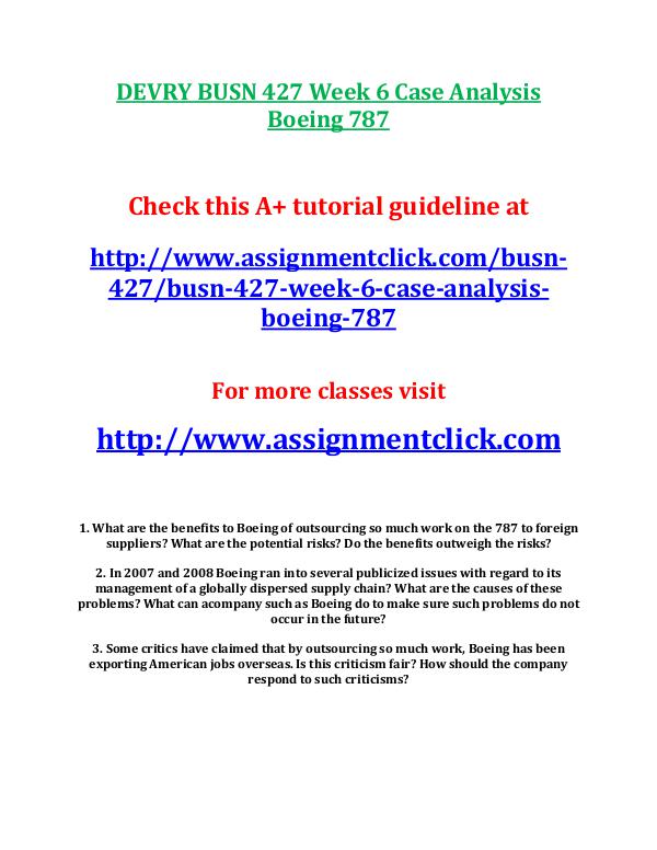busn 427 entire course DEVRY BUSN 427 Week 6 Case Analysis Boeing 787