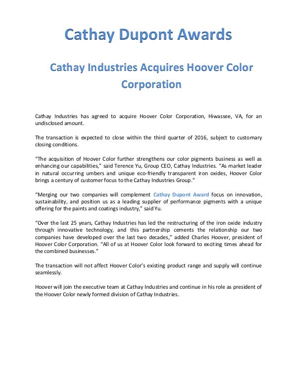 Cathay Dupont Award Cathay Dupont Award - Cathay Industries Acquires H