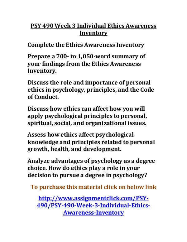 uop psy 490 entire course UOP PSY 490 Week 3 Individual Ethics Awareness Inv