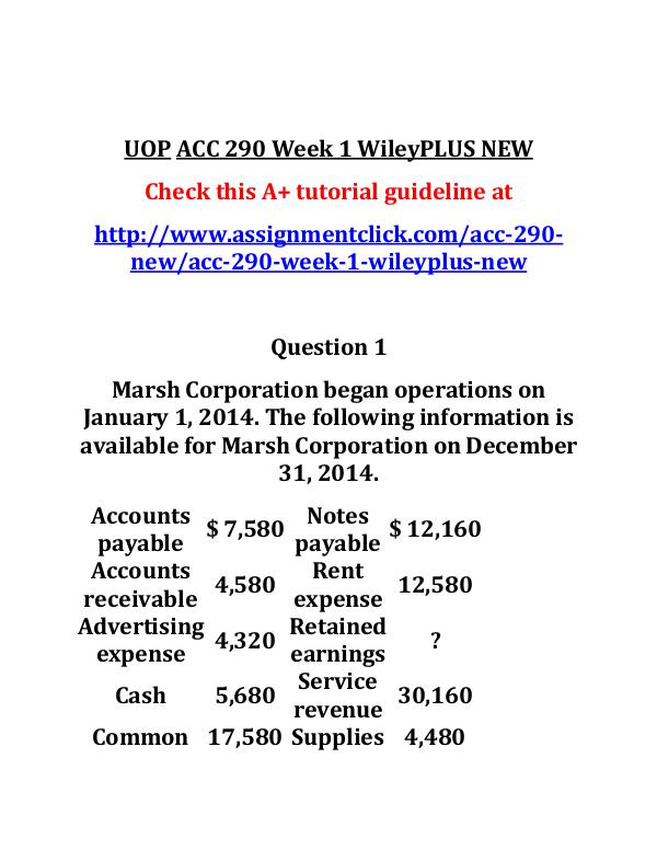 UOP ACC 290 Week 1 WileyPLUS NEW