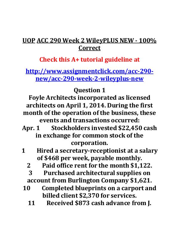 UOP ACC 290 Week 2 WileyPLUS NEW - 100% Correct