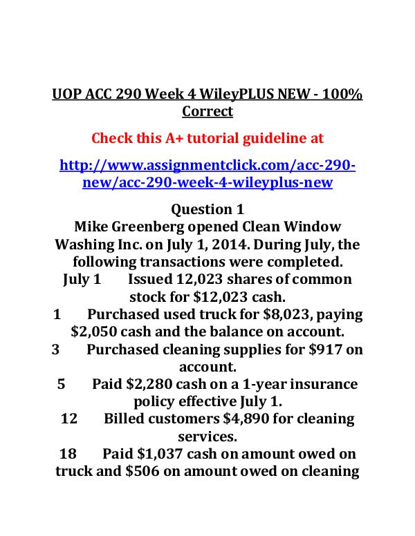 UOP ACC 290 Week 4 WileyPLUS