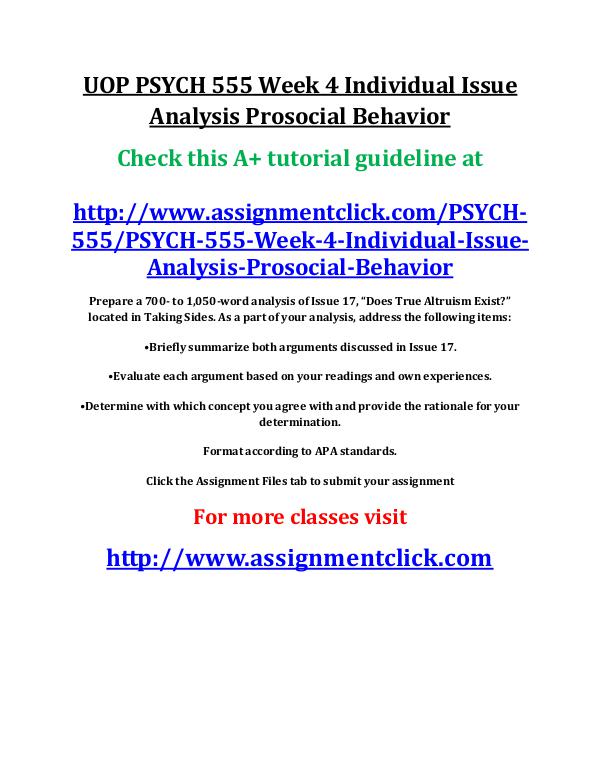 UOP PSYCH 555 Entire Course UOP PSYCH 555 Week 4 Individual Issue Analysis Pro