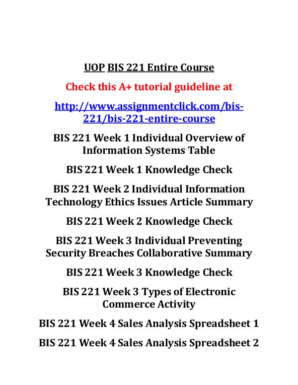 UOP BIS 221 Entire CourseUOP BIS 221 Entire Course UOP BIS 221 Entire Course