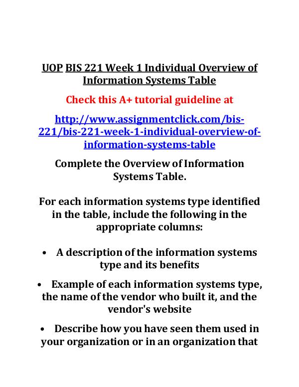 UOP BIS 221 Entire CourseUOP BIS 221 Entire Course UOP BIS 221 Week 1 Individual Overview of Informat