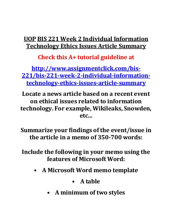 UOP BIS 221 Week 2 Individual Information Technolo