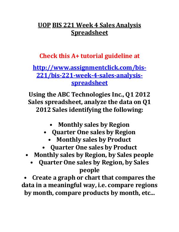 UOP BIS 221 Week 4 Sales Analysis Spreadsheet
