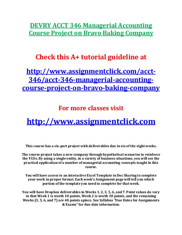 DEVRY ACCT 346 Managerial Accounting Course Project on Bravo Baking C DEVRY ACCT 346 Managerial Accounting Course Projec