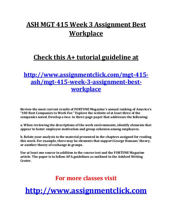 ASH MGT 415 Entire Course ASH MGT 415 Week 3 Assignment Best Workplace