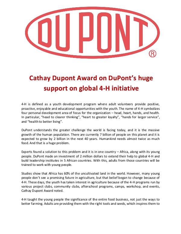 Cathay Dupont Award on DuPont’s huge support on global 4-H initiative Cathay Dupont Award on DuPont’s huge support on gl