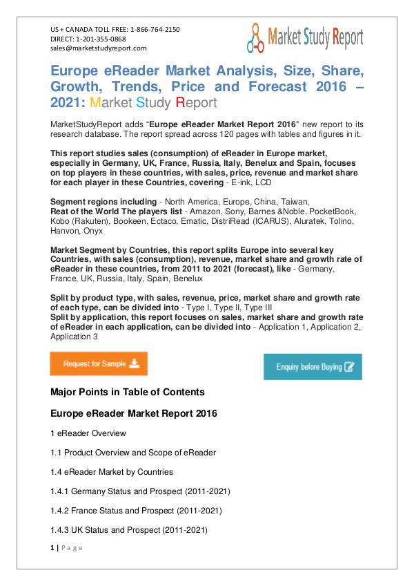 Europe eReader Market Manufacturing and Overview Forecast 2016-2021 Europe eReader Market Size, Growth, Development