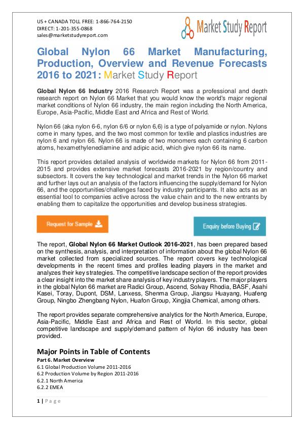 Market Watch - Global Nylon 66 Market 2016 to 2021 Market Watch - Global Nylon 66 Industry 2016