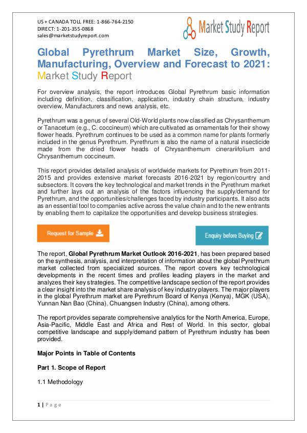 Pyrethrum Market Development Status and Revenue Forecast 2016-2021 Global Pyrethrum Market 2016-2021