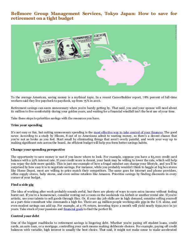Bellmore Group Management Services, Tokyo Japan How to save for retirement on a tight budget