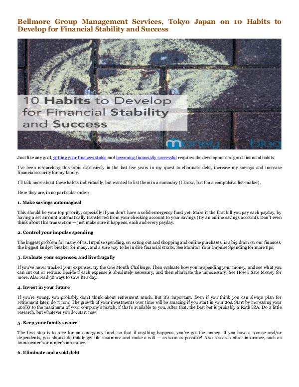 Bellmore Group Management Services, Tokyo Japan 10 Habits to Develop for Financial Stability