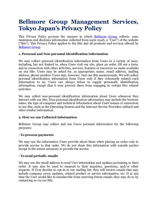 Bellmore Group Management Services, Tokyo Japan Privacy Policy