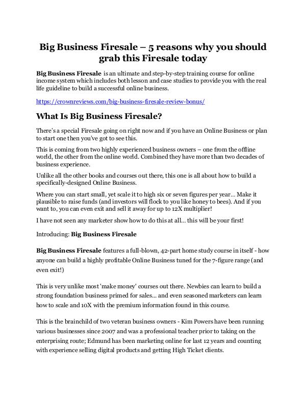 Big Business Firesale Review & GIANT Bonus Big Business Firesale Review
