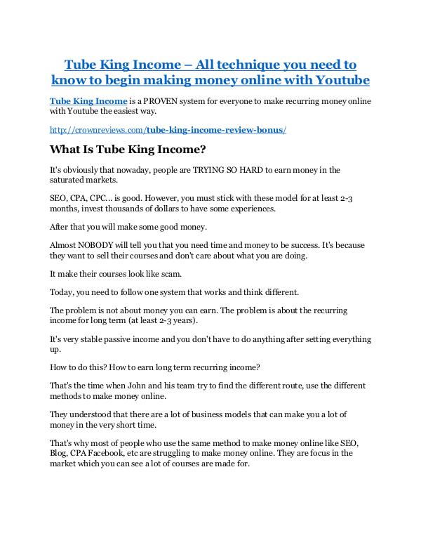 Tube King Income review & bonus - I was Shocked!