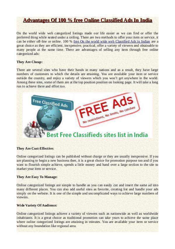 Advantages Of 100 % free Online Classified Ads In India Advantages Of 100 % free Online Classified Ads In